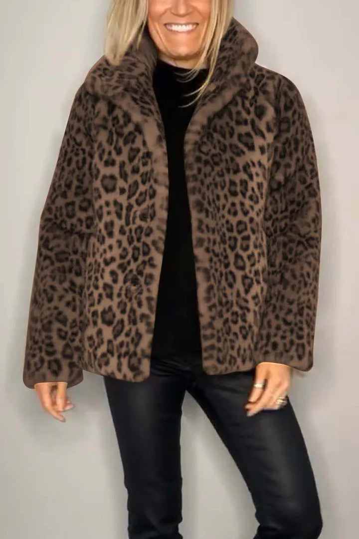 Women's Fluffy Leopard Print Jacket with High Collar NOVAE