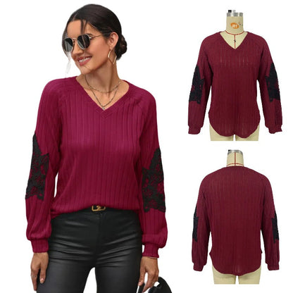 Women's V-neck sweater with elegant lace sleeves and ribbed texture NOVAE