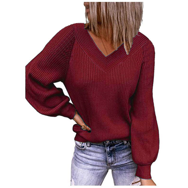 Women's V-neck and balloon sleeve knit sweater NOVAE
