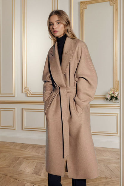 Women's stylish coat with wide collar and waist belt NOVAE