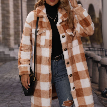 Women's plush winter jacket with checkered design and practical pockets NOVAE