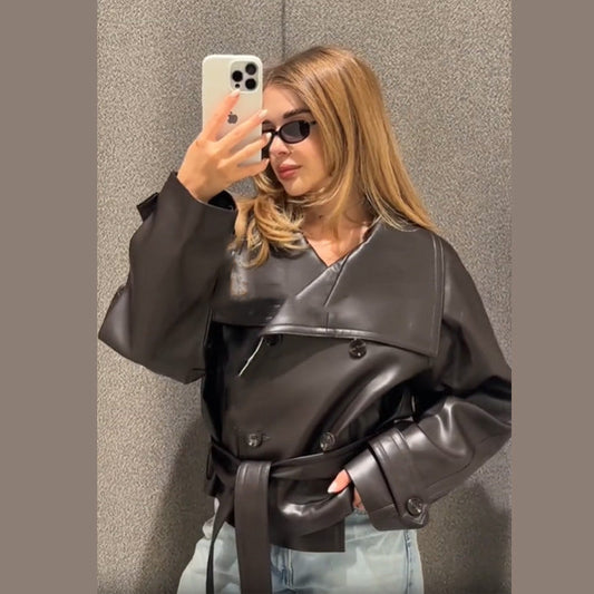 Women's Fashionable Cropped Leather Jacket with Double Button Placket and Wide Collar NOVAE