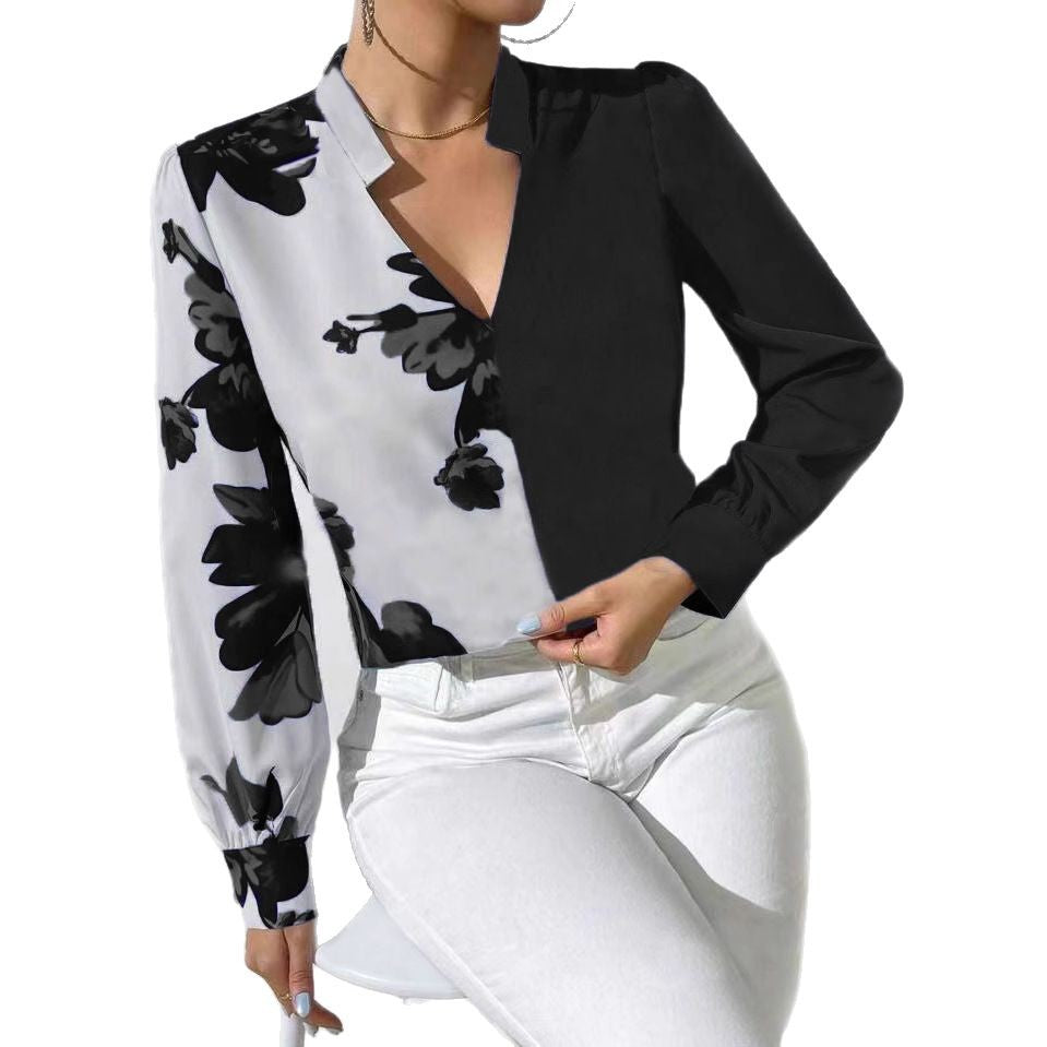 Women's blouse with unique floral pattern and elegant V-neck NOVAE