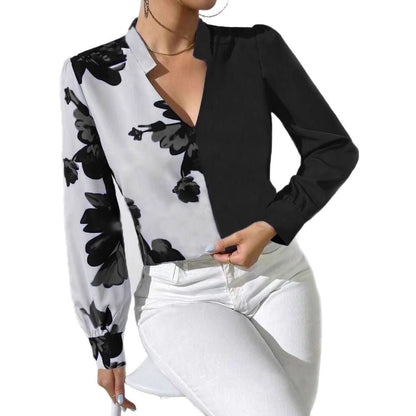 Women's blouse with unique floral pattern and elegant V-neck NOVAE