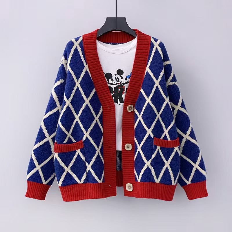 Women's chunky knit cardigan with check pattern NOVAE