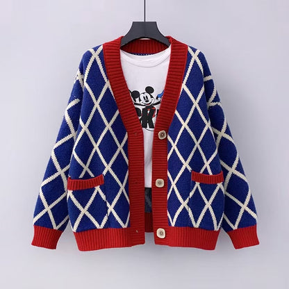 Women's chunky knit cardigan with check pattern NOVAE