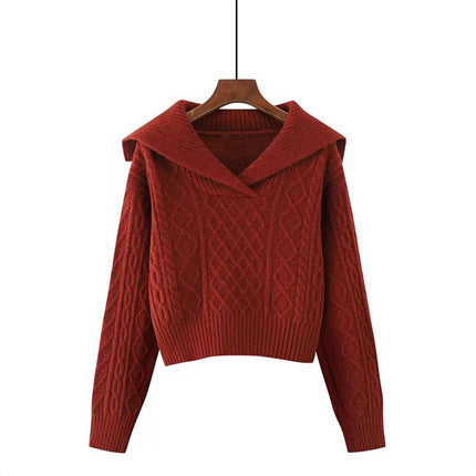 Women's knitted sweater with wide collar and sophisticated cable pattern NOVAE