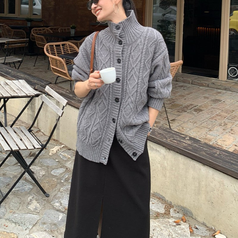 Women's cardigan with high collar and textured surface NOVAE