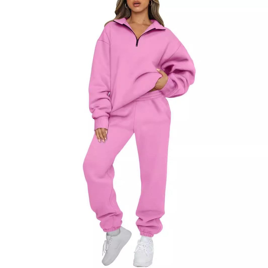 Women's Cozy Leisure Suit with Stand-Up Collar and Zipper NOVAE