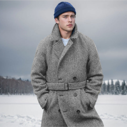 Men's wool coat with a stylish herringbone pattern NOVAE