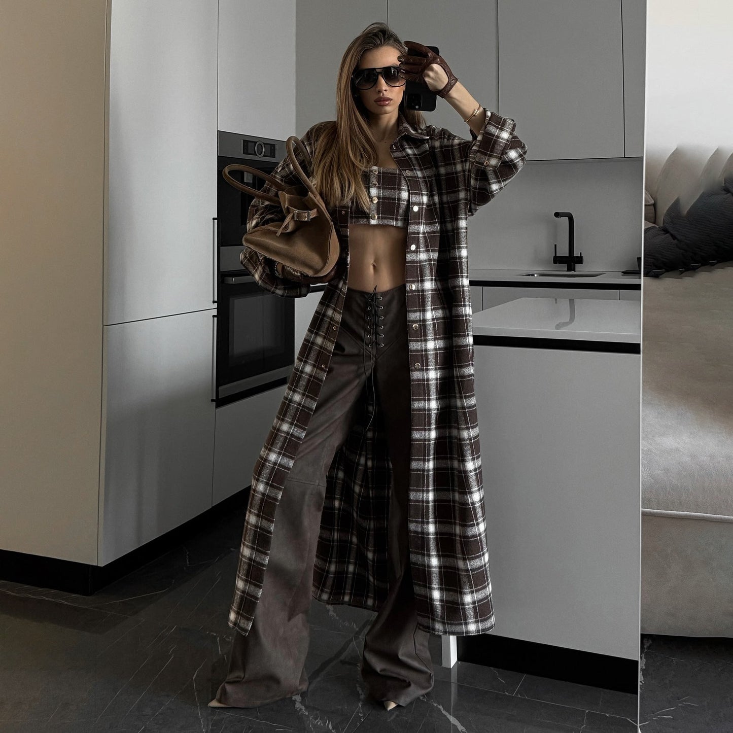 Women's Long Check Shirt Dress with Detachable Sleeves NOVAE