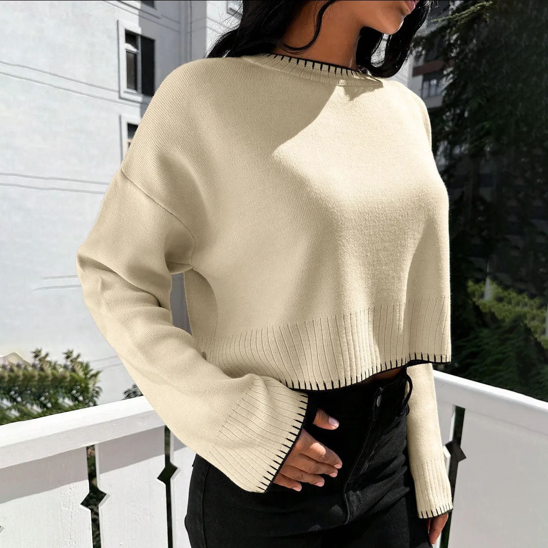 Women's casual cropped pullover with fine ribbing and elasticated waistband NOVAE