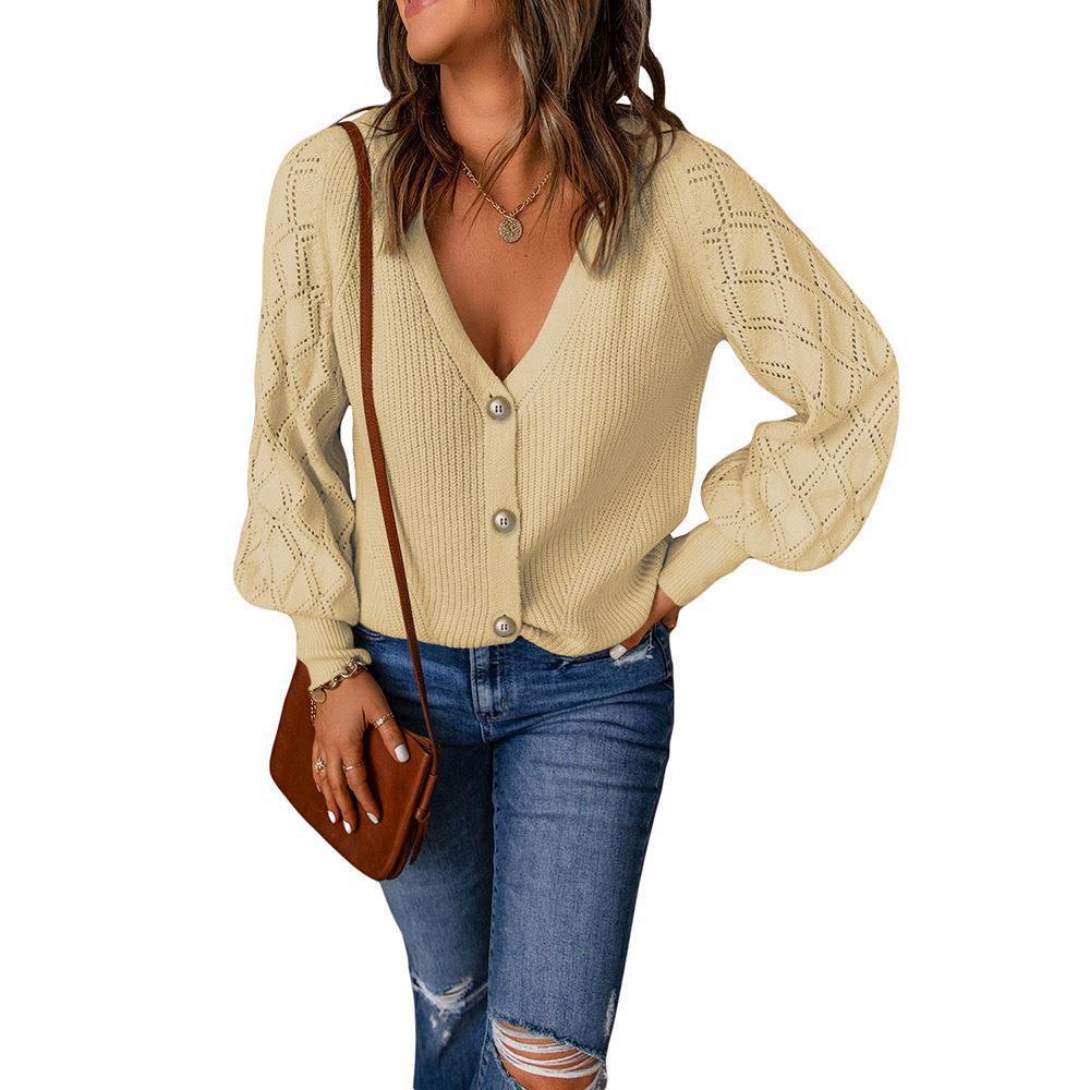 Women's cardigan with sophisticated diamond pattern and deep V-neck NOVAE
