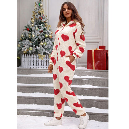 Women's hooded molton jumpsuit with heart pattern NOVAE