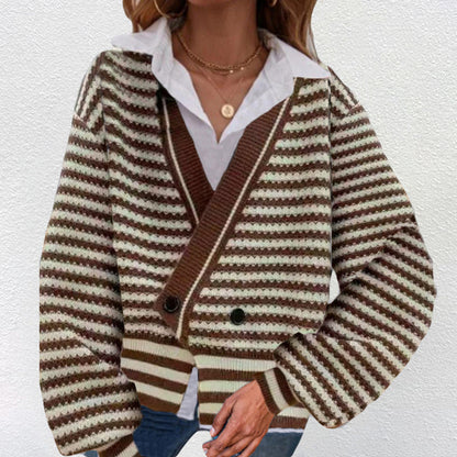 Women's chunky knit cardigan with V-neck and modern stripes NOVAE