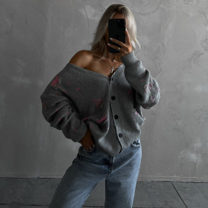 Women's oversized cardigan with floral design and relaxed fit NOVAE