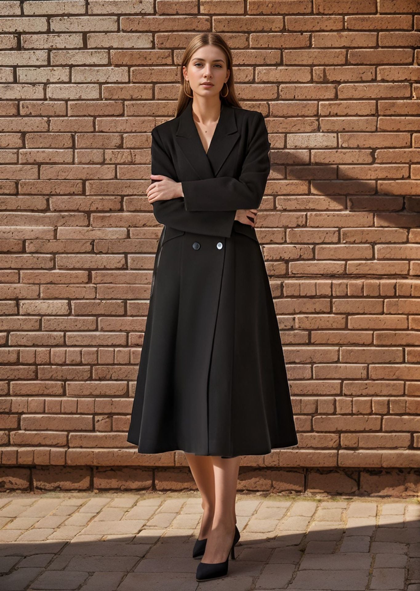 Women's elegant maxi coat with double-breasted button closure and wide, flowing skirt NOVAE