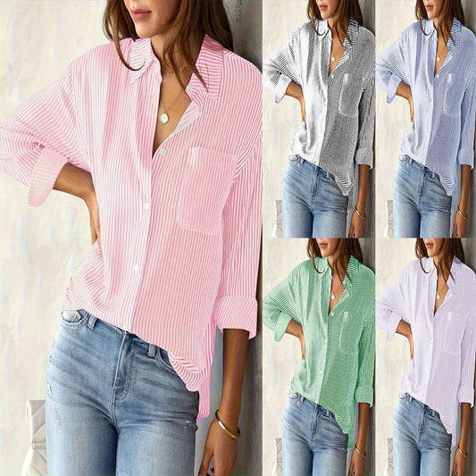 Women's long-sleeved blouse with fine stripes and chest pocket NOVAE