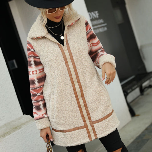 Women's fleece-lined long jacket with fashionable pattern and practical integrated pockets NOVAE