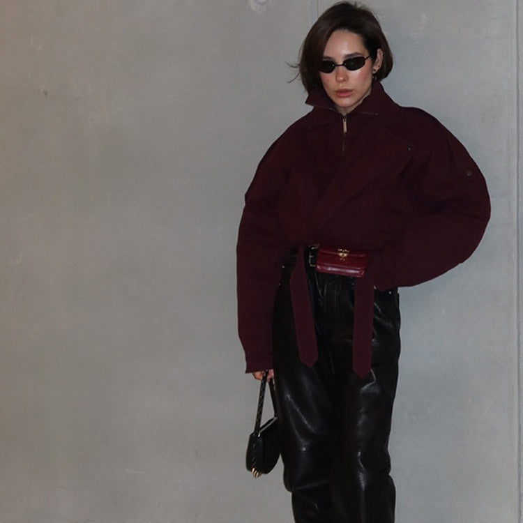 Women's modern oversized jacket with stand-up collar and waist belt NOVAE