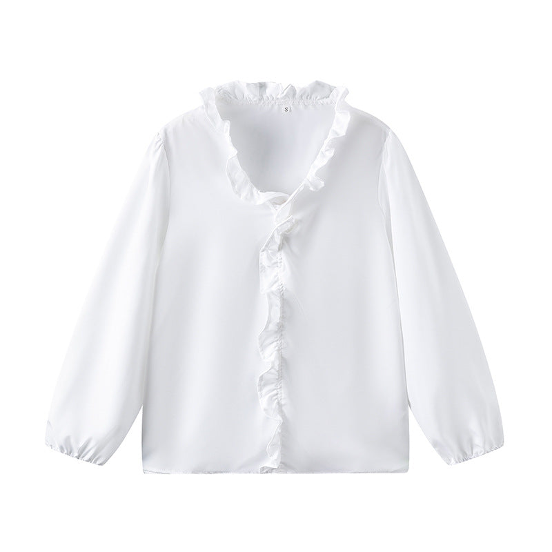 Women's blouse with ruffle details and elegant stand-up collar NOVAE