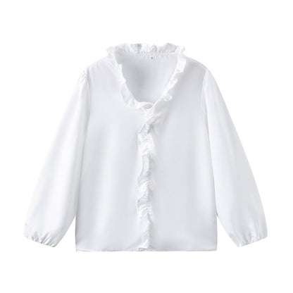 Women's blouse with ruffle details and elegant stand-up collar NOVAE