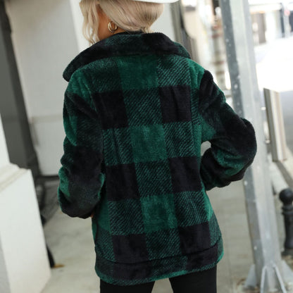Women's plush hoodie jacket with trendy check pattern and practical zip pockets NOVAE
