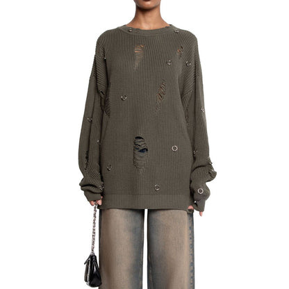 Women's casual sweater with fashionable ripped details and jewelry appliqués NOVAE