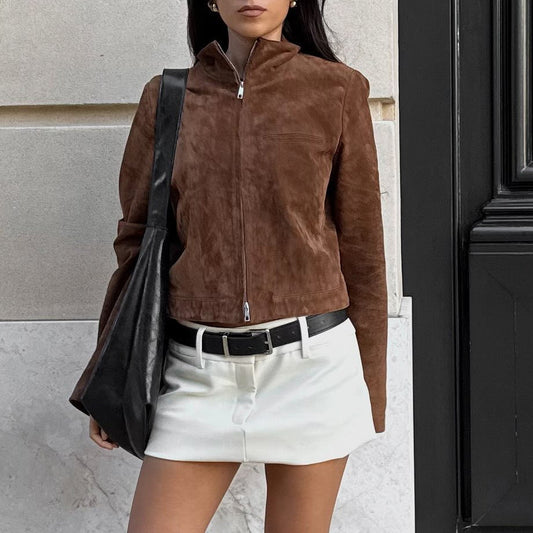 Women's short velour jacket with stand-up collar and side zipper NOVAE