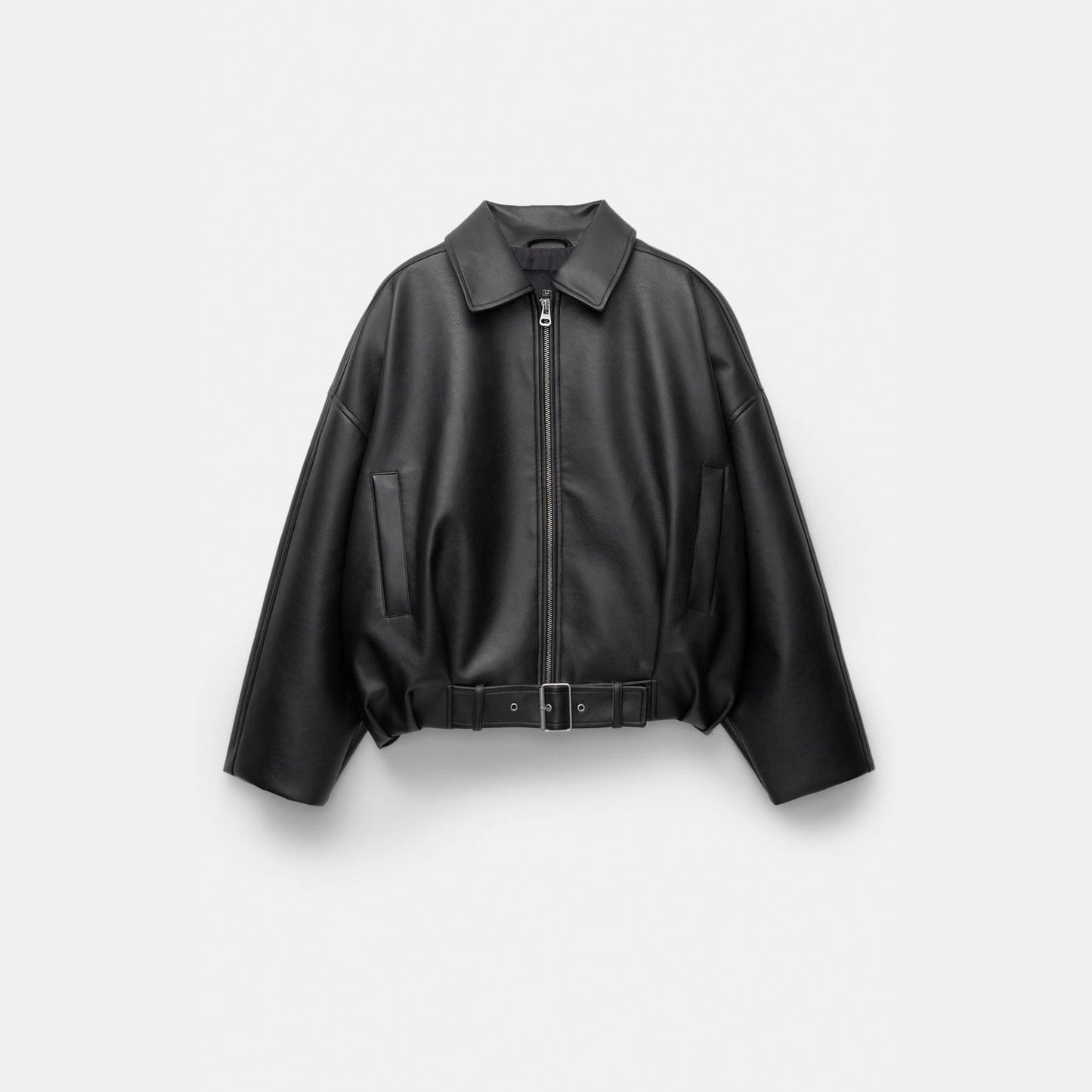 Women's casual faux leather jacket with wide collar and belt NOVAE