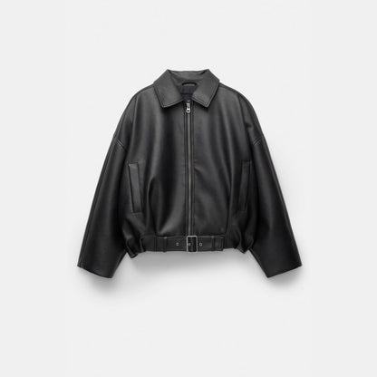 Women's casual faux leather jacket with wide collar and belt NOVAE