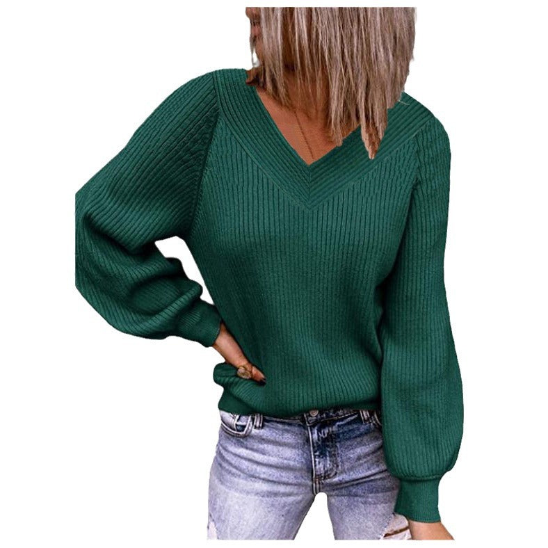 Women's V-neck and balloon sleeve knit sweater NOVAE
