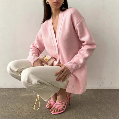 Women's cardigan with V-neck and fine rib texture NOVAE