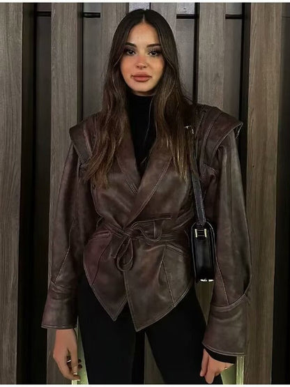 Women's fitted faux leather jacket with playful lacing detail NOVAE