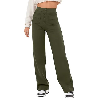 Women's elegant high-waisted lounge trousers with large pockets and button closure NOVAE