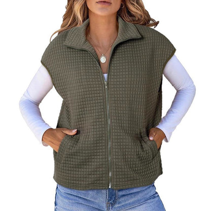 Women's Lightweight Waffle Knit Vest with Pockets and Stand-Up Collar NOVAE