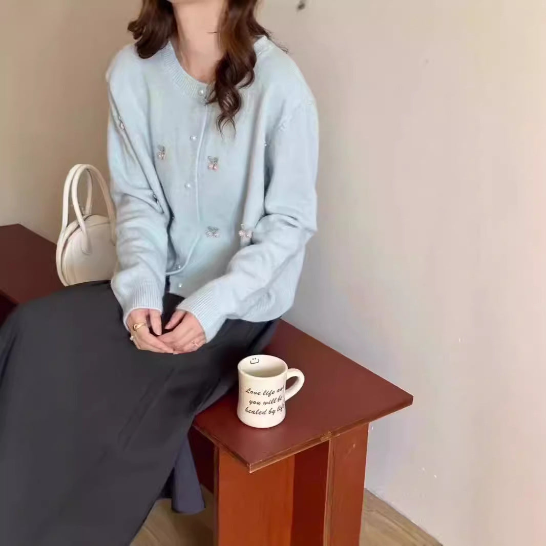 Women's cardigan with floral embroidery and pearl buttons NOVAE