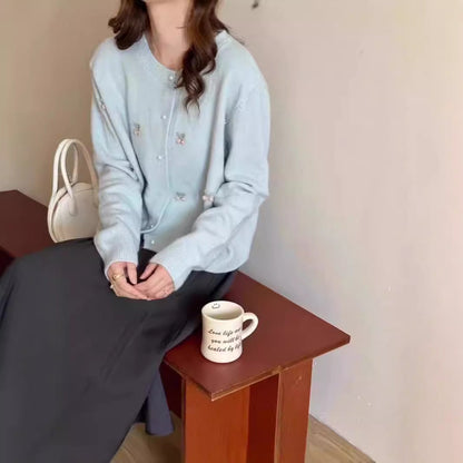 Women's cardigan with floral embroidery and pearl buttons NOVAE