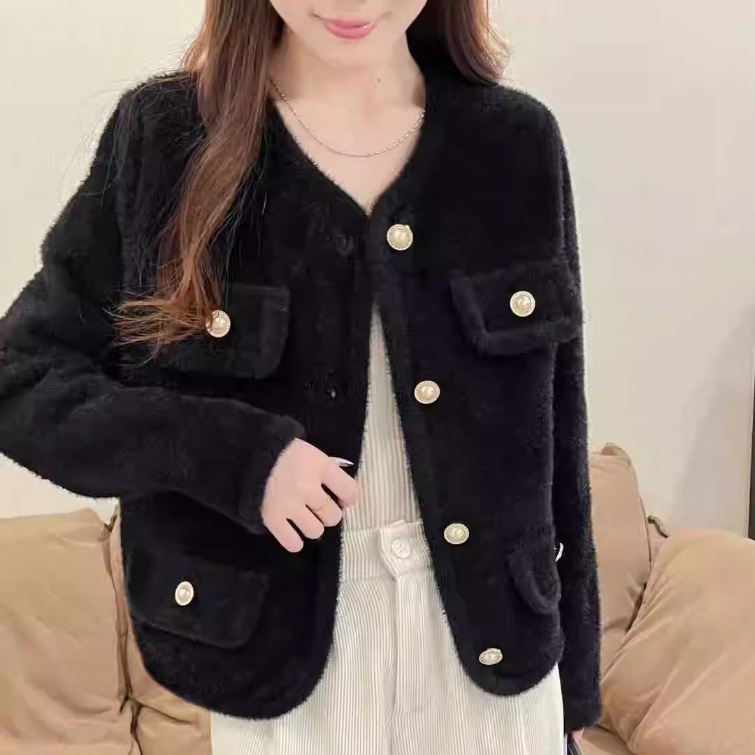 Women's Fluffy Cardigan with Decorative Button Details and Practical Pockets NOVAE