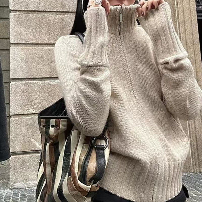 Women's knit sweater with high stand-up collar and ribbed texture NOVAE