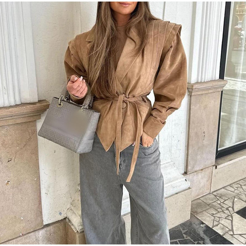 Women's fashionable blazer with smooth shoulder details and tie belt NOVAE