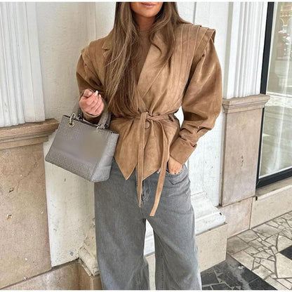 Women's fashionable blazer with smooth shoulder details and tie belt NOVAE