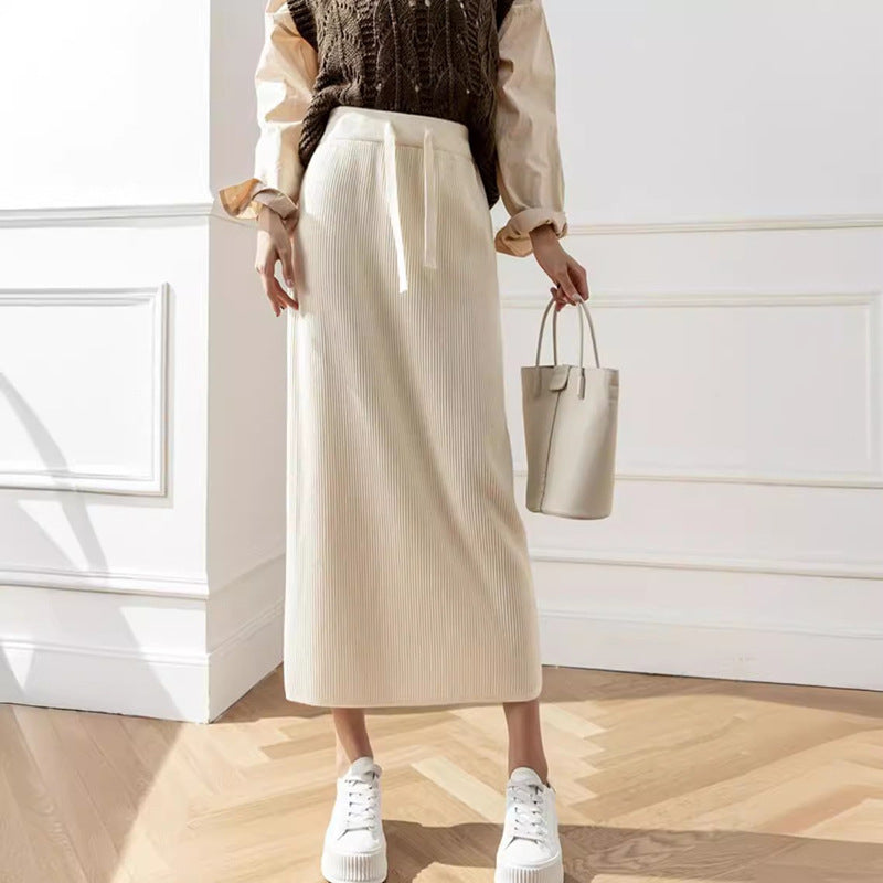 Women's midi skirt with waist lacing and ribbed design NOVAE