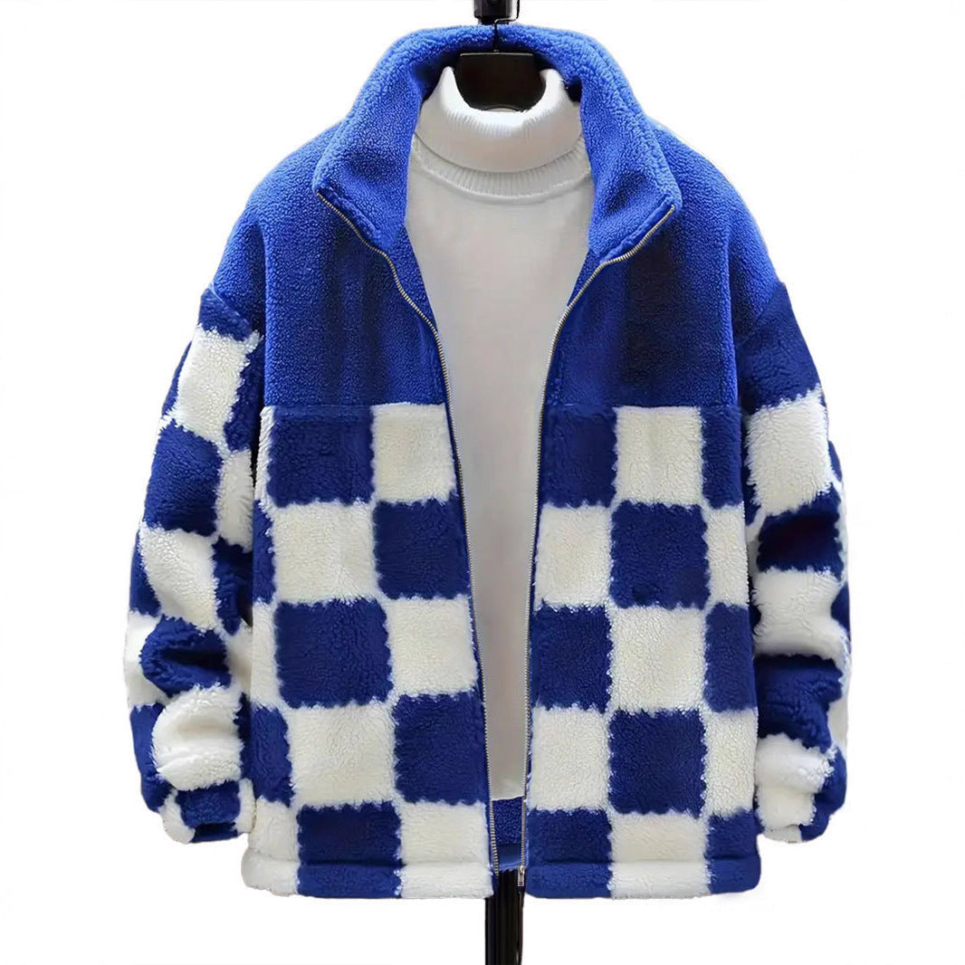 Women's plush jacket with check pattern and high collar NOVAE