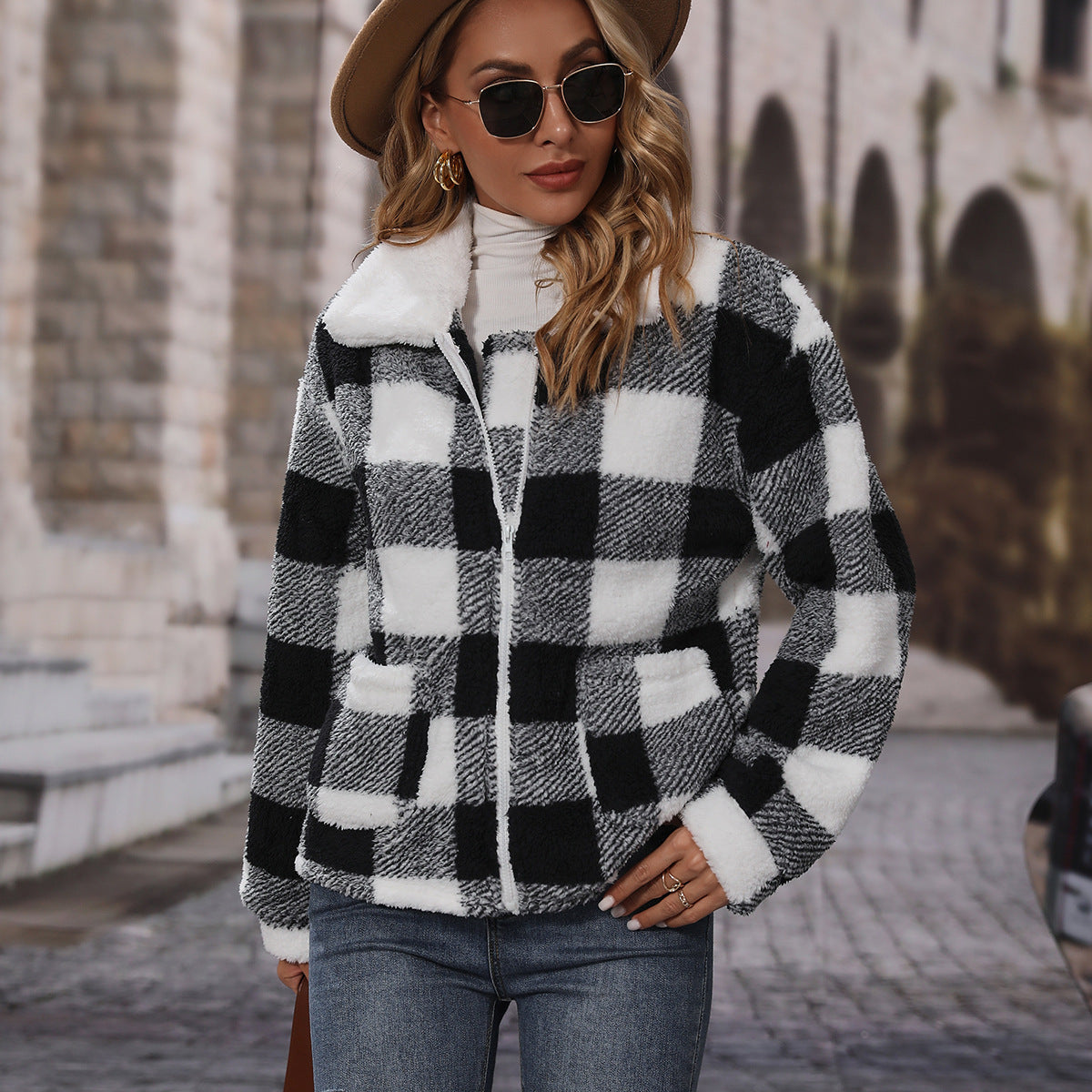 Women's Cozy Check Jacket with Asymmetrical Zipper NOVAE