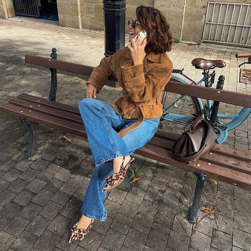 Women's luxury suede jacket with adjustable belt and elegant lapel NOVAE