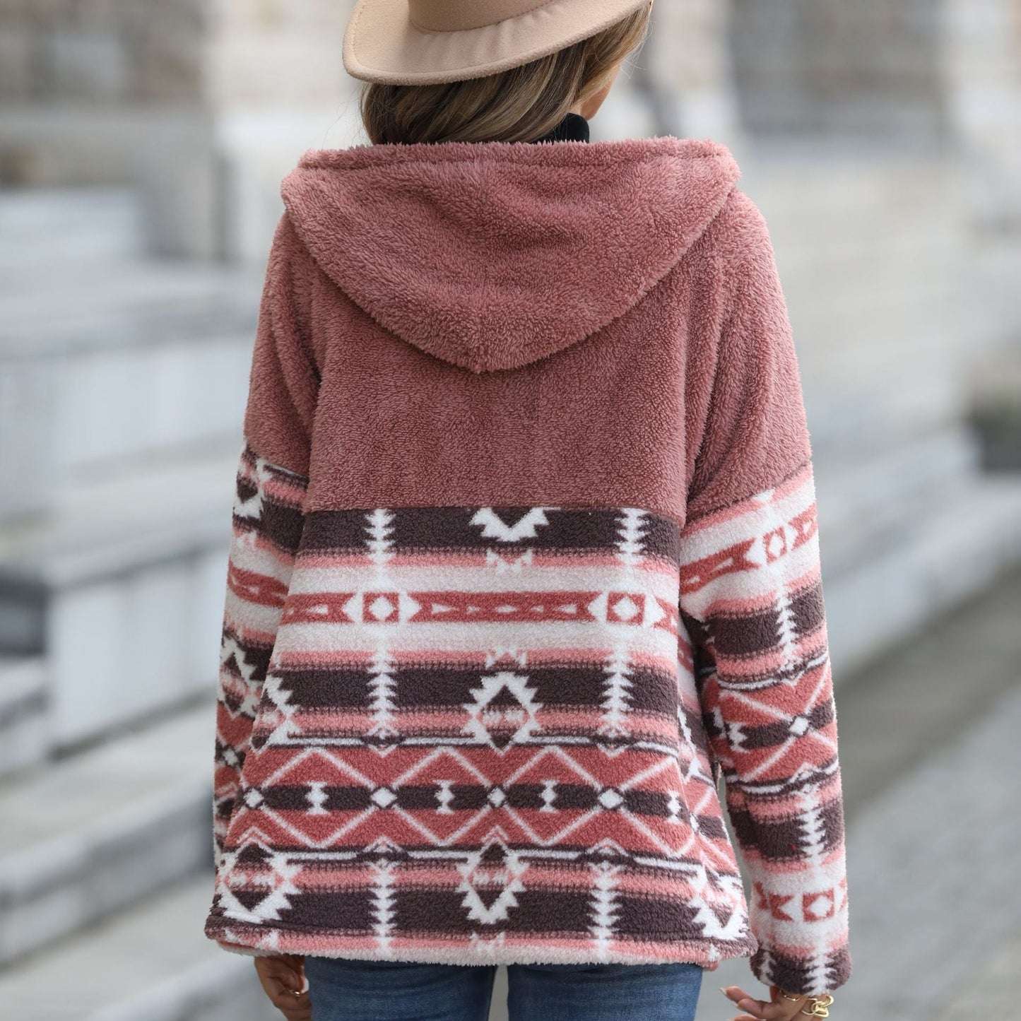 Women's plush jacket with traditional pattern and practical pockets NOVAE