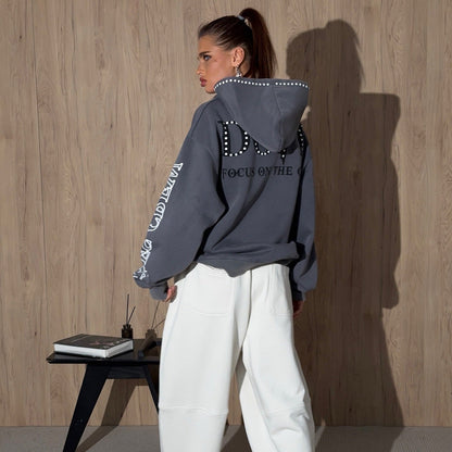 Women's oversized hoodie with eye-catching rhinestone embellishment and creative sleeve prints NOVAE