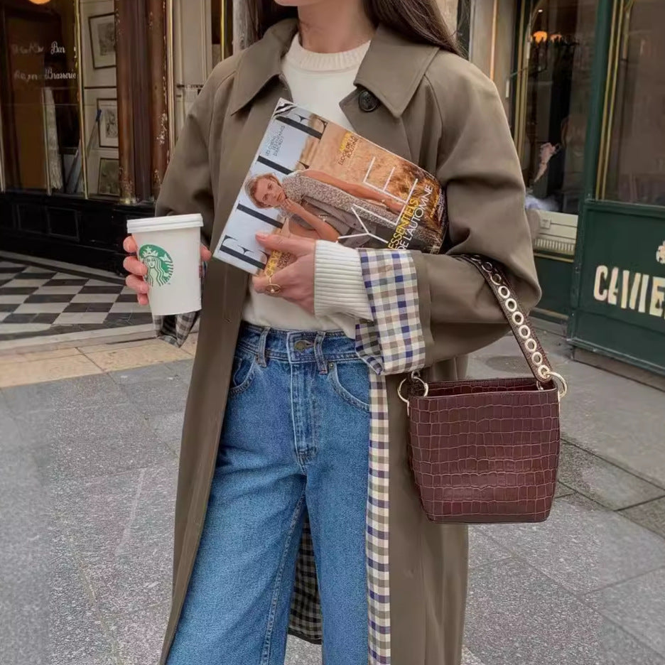 Women's fashionable trench coat with check details and practical pockets NOVAE