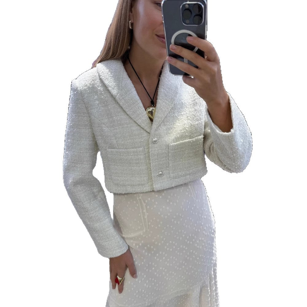 Women's elegant short jacket made of high-quality bouclé with shimmering button details NOVAE